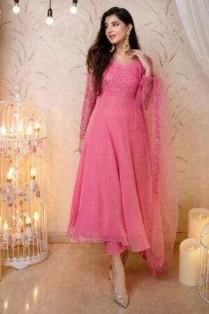 Embroidered Georgette Stitched Anarkali Gown (Pink)