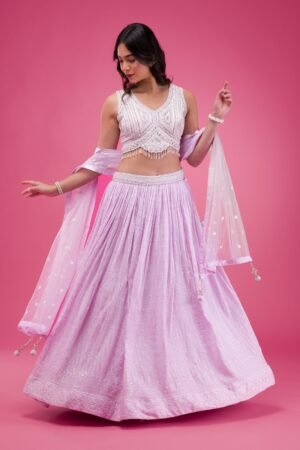 Lavender Threadwork Georgette Readymade Lehenga